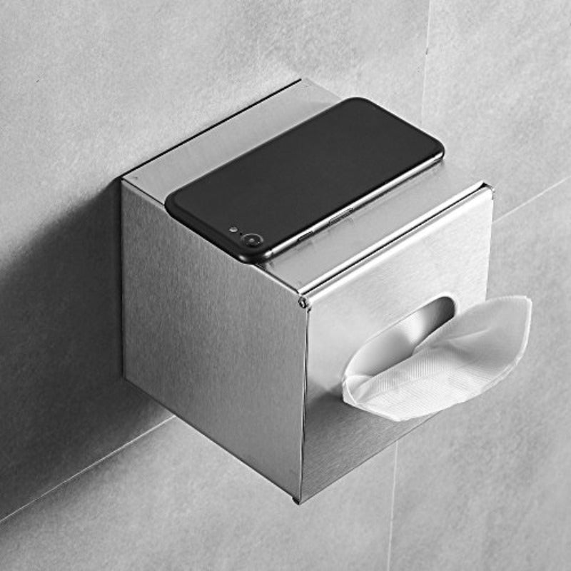 Modern Square Tissue Box Cover - Brushed Nickel Finish, Decorative Napkin Holder for Bathroom, Bedroom, Office, or Desk - 5x5x5 Inch Glass Tissue Cube Box with Open-Top Design, Bathroom Decor And Accessories, Bedroom Accessory, Contemporary Decor, Sleek