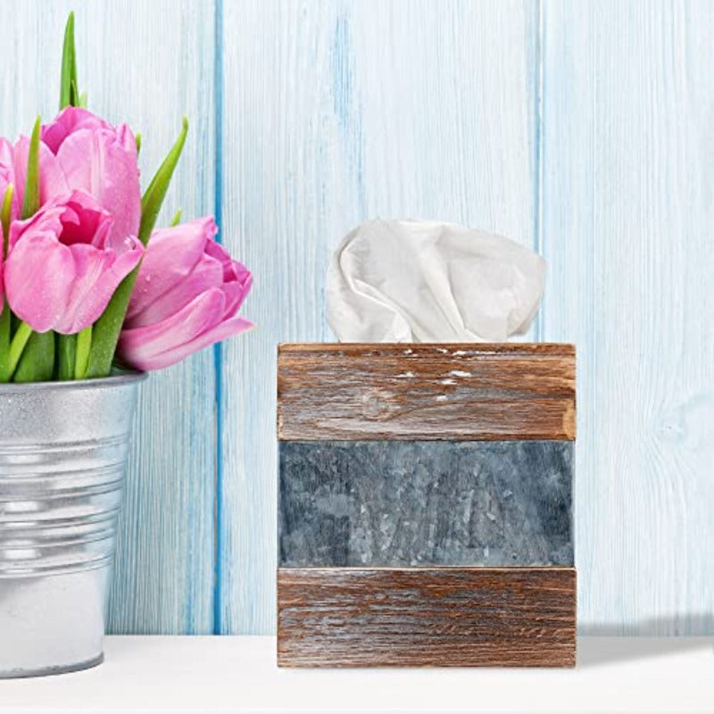 Rustic Metal & Distressed Wood Square Tissue Box Cover - Farmhouse Bathroom Decor with Antique White & Brown Finish, 6x6x6 Inch Decorative Holder for Tissues, Country Home Décor, Sturdy Metal Frame & Wood Panel Design, Space-Saving Tissue Dispenser for