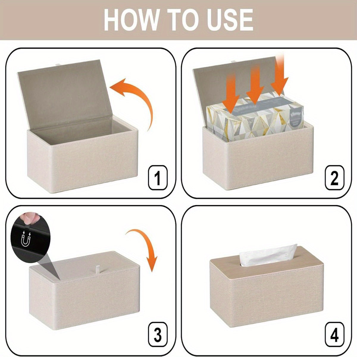 Modern Rectangular Tissue Box Cover with Magnetic Closure - Beige PU Leather Bathroom Organizer, High Quality Dustproof Storage Cabinet Holder for Dresser, Fits 9.8”L x 5.3”W x 4.3”H Tissues - Compatible with Costco//Napkins - Easy-Clean Surface &
