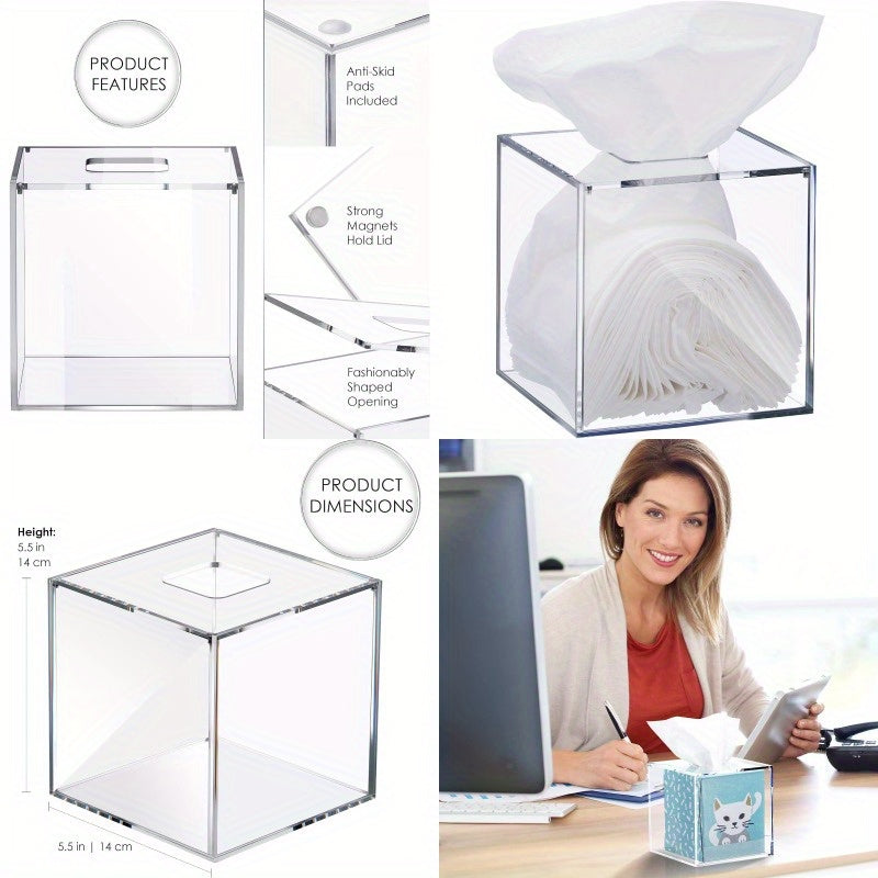 Modern Clear Square Tissue Box Holder - Bathroom Countertop Organizer with Lid, Space-Saving Facial Tissue Dispenser, Compatible with Most Brands, for Living Room, Bedroom, or Office Decor - Tissues Not Included, Tissue Holder Bathroom, Minimalist Design,