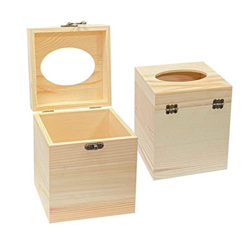 2 Pack Unfinished Wooden Tissue Box Cover for Crafts Oval Opening Solid Square Wood Tissue Holder for Home Decor 5. 1x5. 1x6in