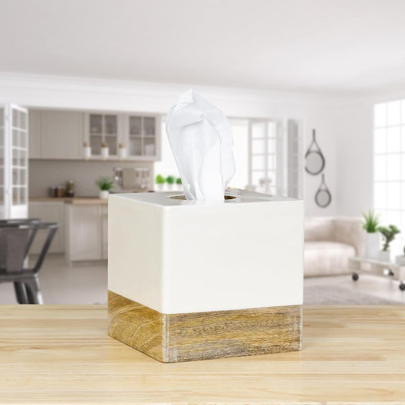 AuldHome Design Square Tissue Box Cover Enamel Mango Wood ; Minimalist Scandinavian Decor White Cube Tissue Holder