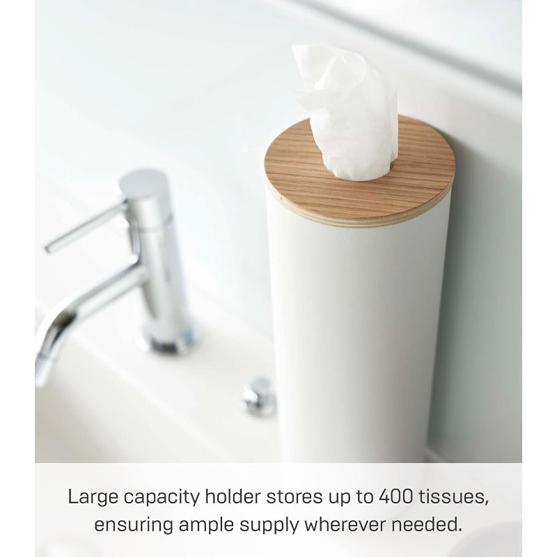 Home Rin Reusable Round Tissue Holder Case - Heavy-Duty Steel Construction with Elegant White & Natural Wood Lid, Modern Bathroom/Office/Kitchen Tissue Dispenser, Space-Saving Cylindrical Design, Durable Metal Tissue Organizer for Home or Commercial Use,