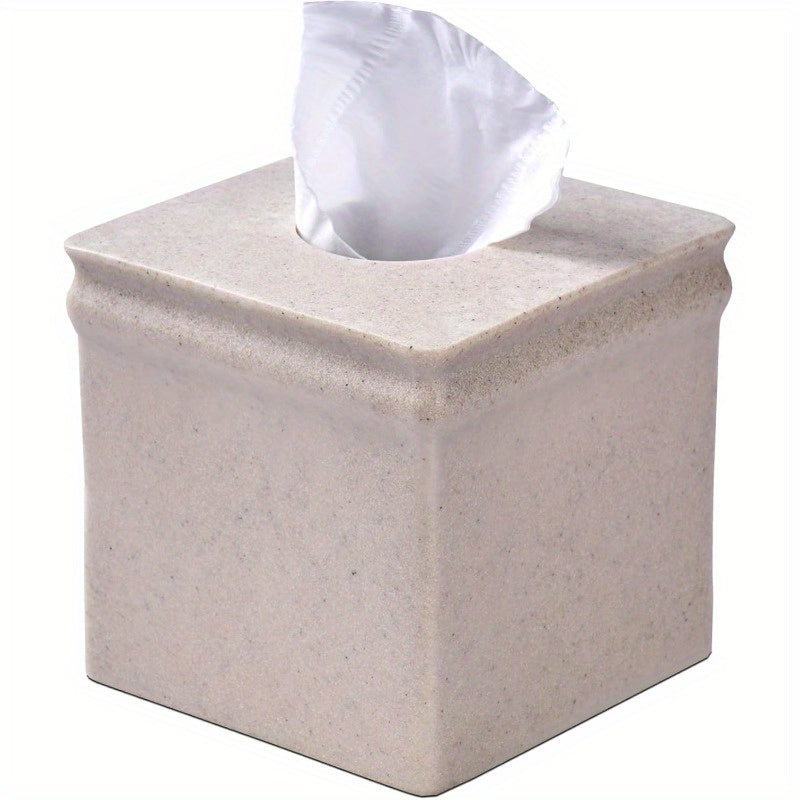 Beige Sand Stone Tissue Box Cover - Retro Square Design, Durable & Stylish for Bathroom, Bedroom, Nightstand, Vanity, Desk, or Office Decor, Bathroom Decor And Accessories, Bedroom Accessory, Minimalist Design, Textured Surface
