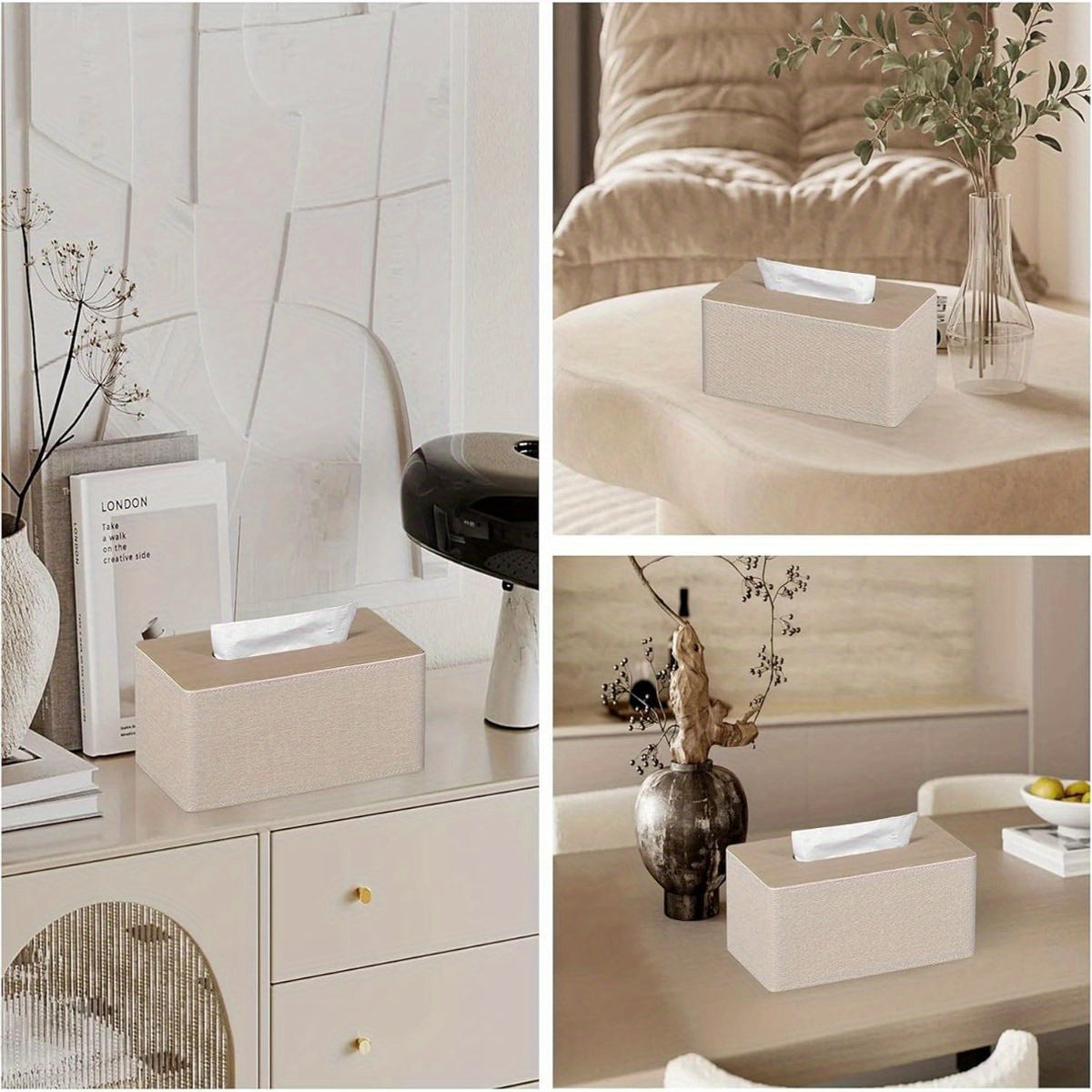 Modern Rectangular Tissue Box Cover with Magnetic Closure - Beige PU Leather Bathroom Organizer, High Quality Dustproof Storage Cabinet Holder for Dresser, Fits 9.8”L x 5.3”W x 4.3”H Tissues - Compatible with Costco//Napkins - Easy-Clean Surface &