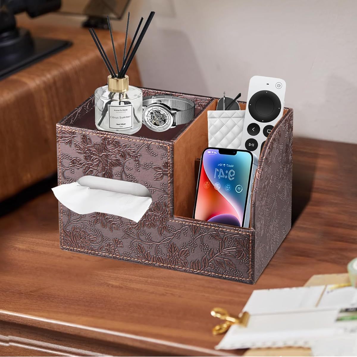 Modern Faux Leather Tissue Box Cover with Storage Tray – Stylish Facial Paper Organizer for Bathroom, Vanity, or Nightstand, Includes Remote Control Holder and Perfume Bottle, Bathroom Organizers And Storage