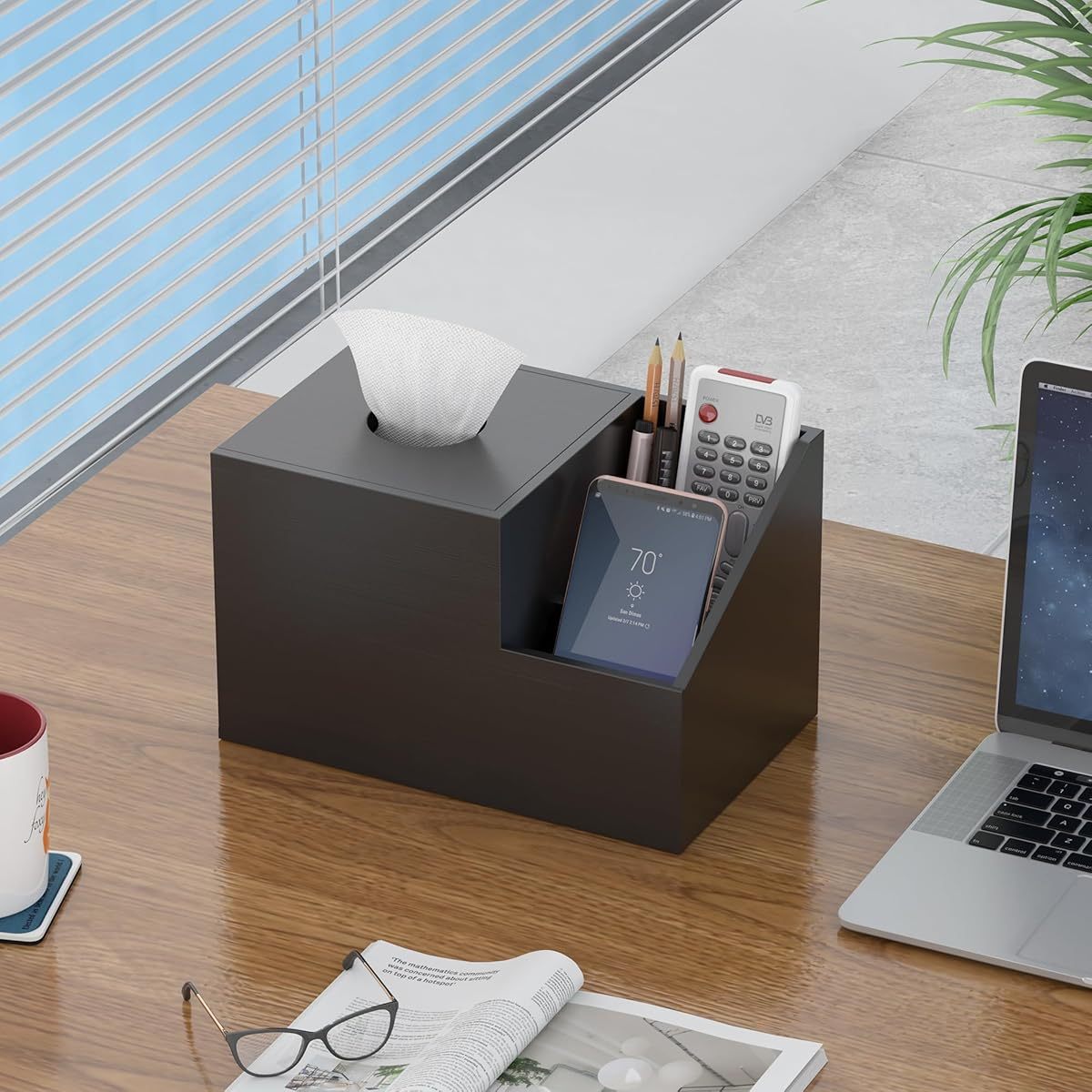 Tissue Box Cover Holder- Bamboo Square Multifunction Nightstand Organizer Tissue Storage Box for Bedroom, Bathroom, Office; Compartments Hold iPad Phones Remote Controls ( Black)