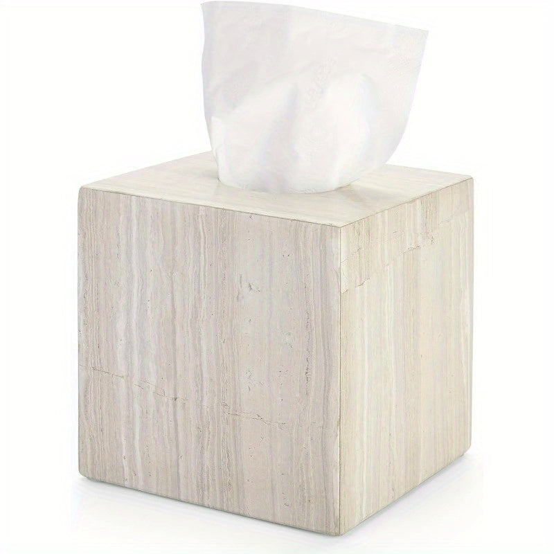Natural Travertine Marble Tissue Box Holder - Square Cube Design with Open Bottom Access, Beige & Grey Marble Pattern, Anti-Slip Base & Polished Finish, Fits Bathroom Vanity, Bedroom Dresser, Kitchen Countertop - Luxury Storage Organizer for Tissues