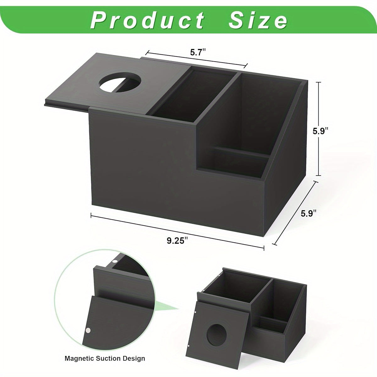 Tissue Box Cover Holder- Bamboo Square Multifunction Nightstand Organizer Tissue Storage Box for Bedroom, Bathroom, Office; Compartments Hold iPad Phones Remote Controls ( Black)