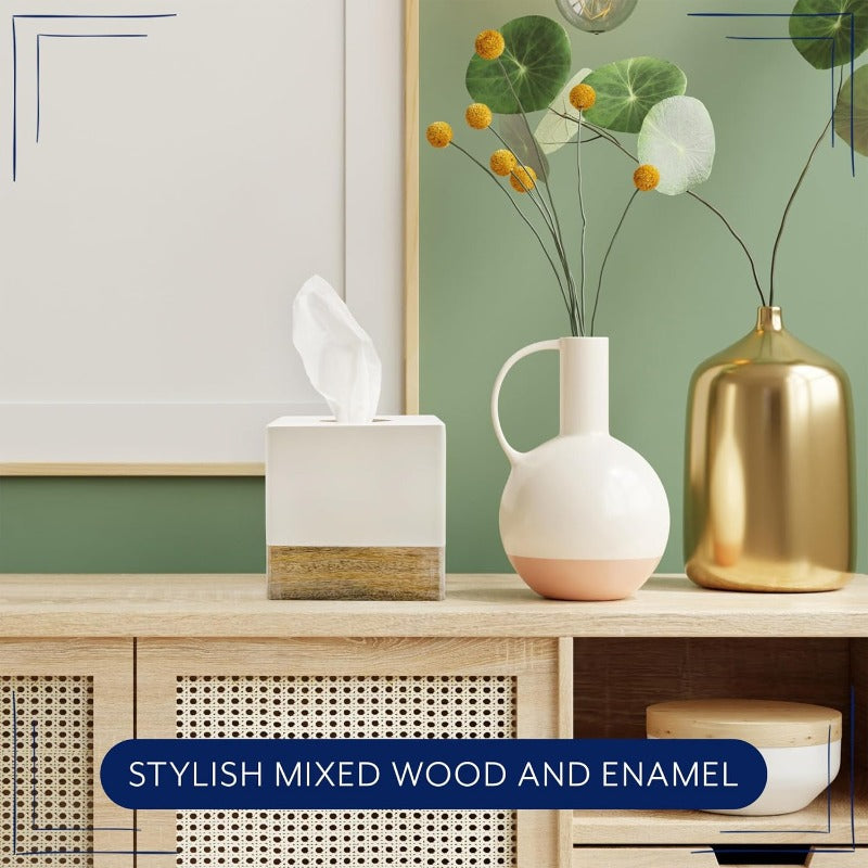 AuldHome Design Square Tissue Box Cover Enamel Mango Wood ; Minimalist Scandinavian Decor White Cube Tissue Holder