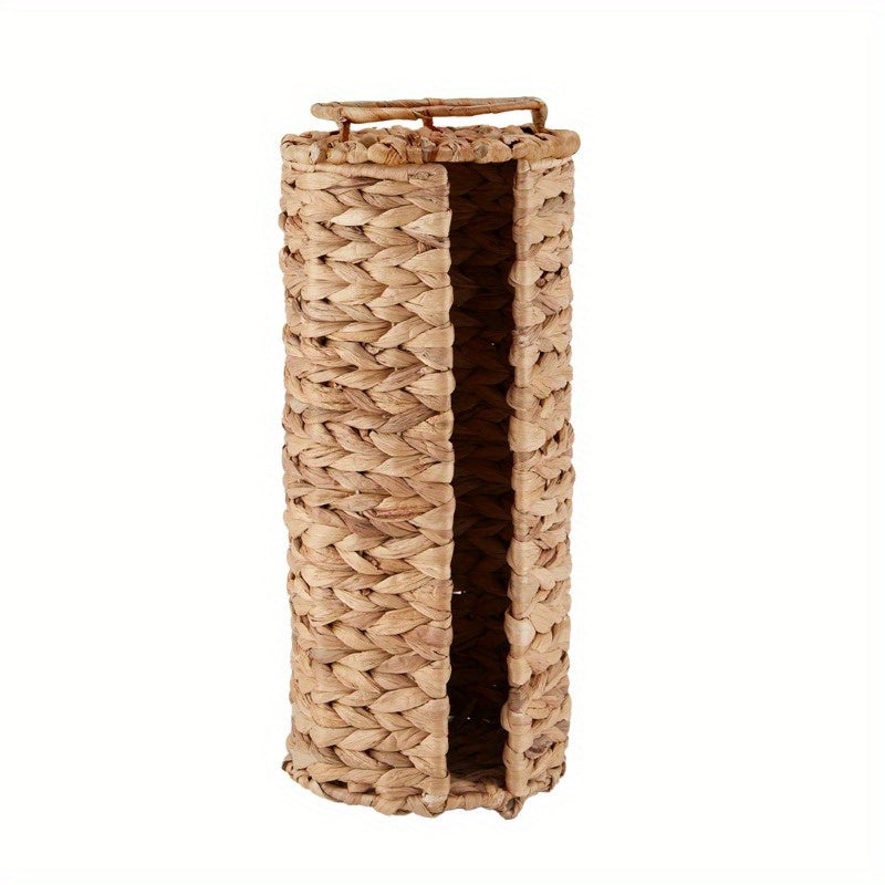 Elegant Beige Woven Tissue Holder with Lid – Natural Hyacinth Design, Round Bathroom Organizer for Toilet Paper, Stylish and Functional Home Decor, Toilet Paper Holder