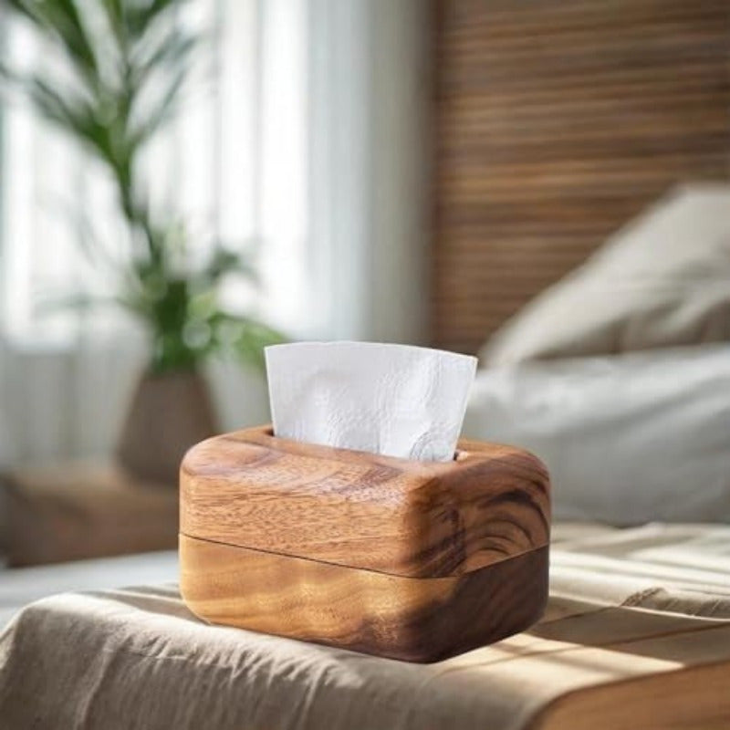 Elegant Wooden Tissue Box Cover with Handle - Round Napkin Dispenser for Home, Nightstand, or Restaurant Decor, Natural Wood Finish, Perfect for Living Room or Bathroom, Bathroom Organizer | Elegant Design | Smooth Finish, Bathroom Decor And Accessories