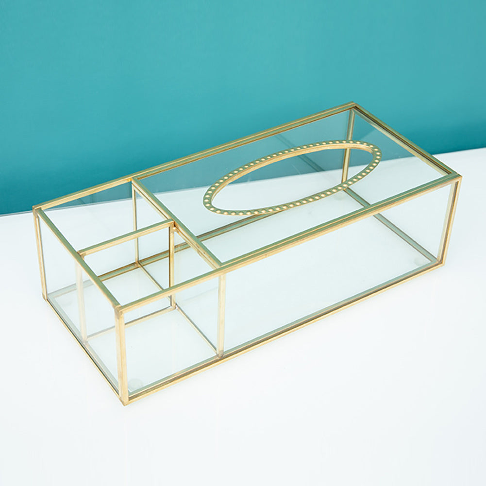 Glass Tissue Box with Brass Frame - Clear Rectangular Decorative Storage for Kitchen, Bathroom, Living Room & Office - Modern Elegant Napkin & Paper Holder with Open Access Design, Durable Glass Construction