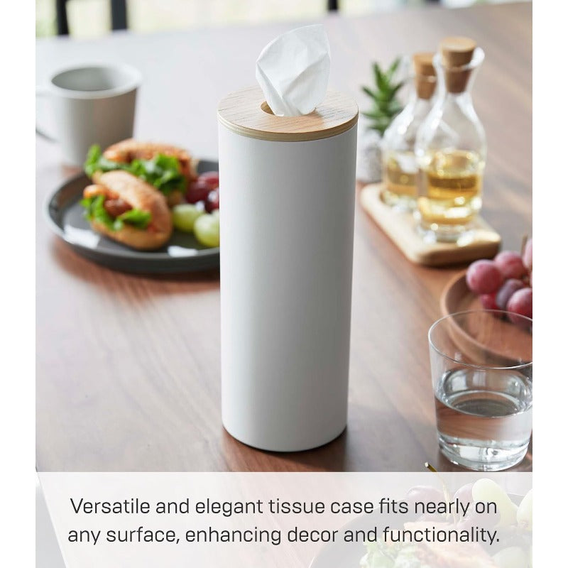 Home Rin Reusable Round Tissue Holder Case - Heavy-Duty Steel Construction with Elegant White & Natural Wood Lid, Modern Bathroom/Office/Kitchen Tissue Dispenser, Space-Saving Cylindrical Design, Durable Metal Tissue Organizer for Home or Commercial Use,