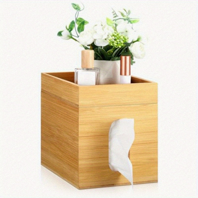 Natural Bamboo Tissue Box Cover with Removable Storage Tray - Decorative Cube Organizer with Vertical Slats Design, Fits Standard 6x6 Tissues, Rustic Modern Holder for Bathroom, Bedroom, Office - Space-Saving Storage (7.4”H)