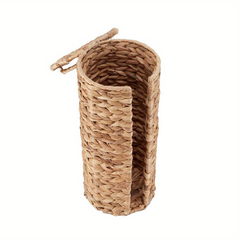 Elegant Beige Woven Tissue Holder with Lid – Natural Hyacinth Design, Round Bathroom Organizer for Toilet Paper, Stylish and Functional Home Decor, Toilet Paper Holder