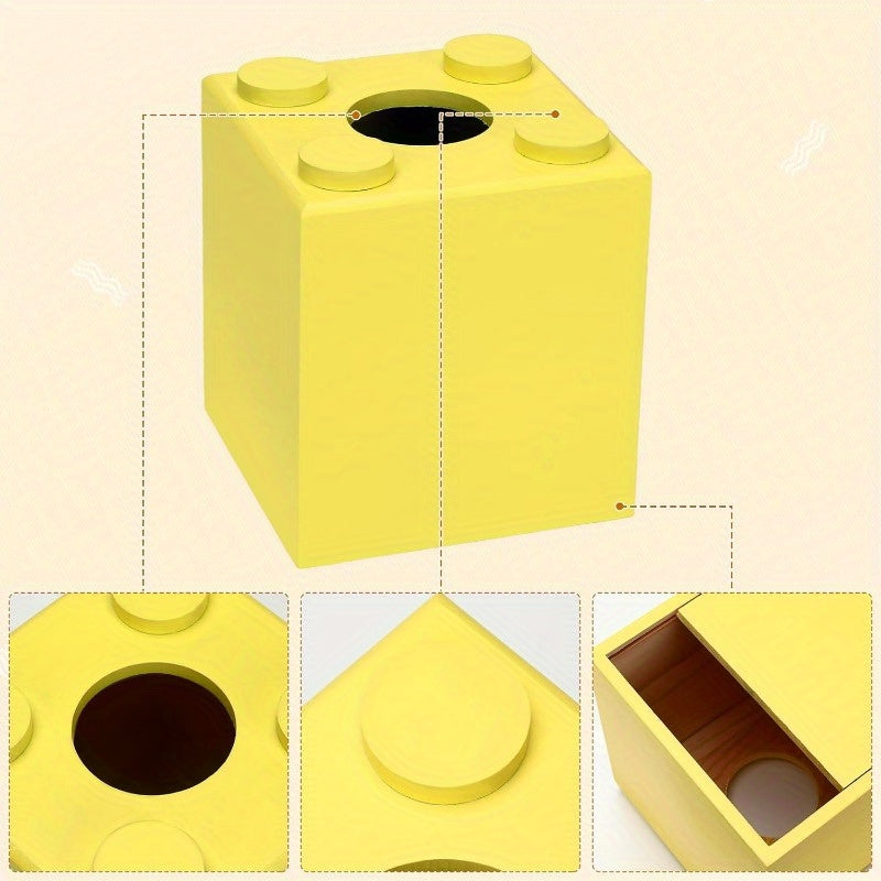 Wood Tissue Box Cover Tissue Box Cover Square Building Blocks Tissue Box Holder with SlideOut Bottom Cute Home Decor for Bathroom Living Room Office Kitchen Yellow Small