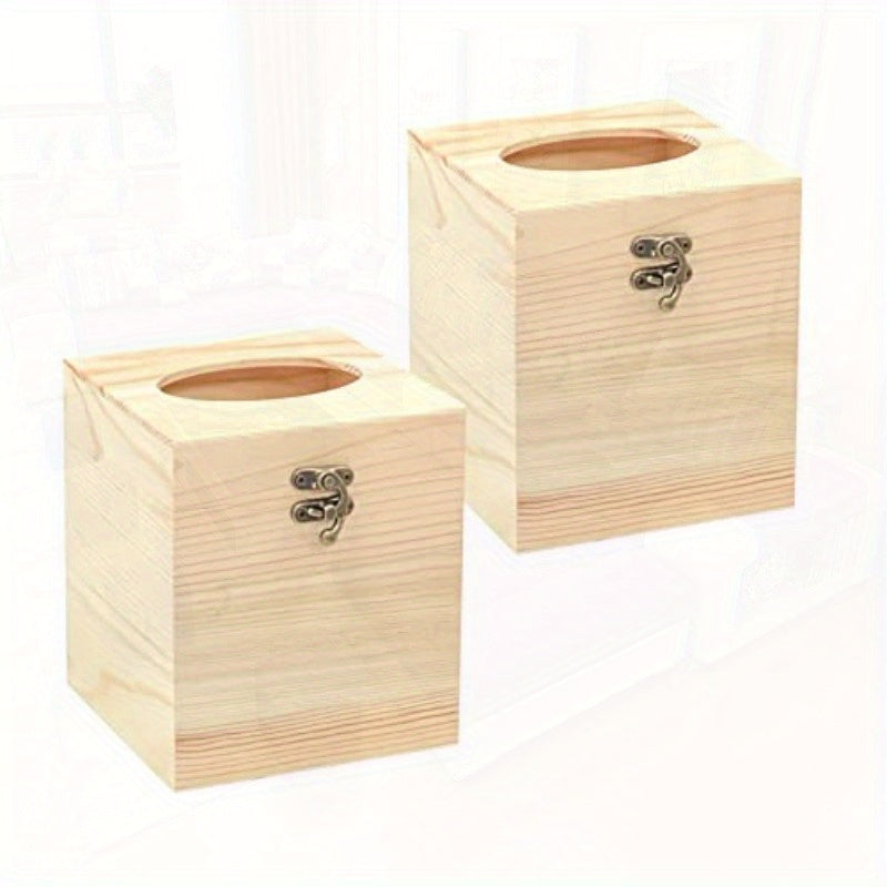 2 Pack Unfinished Wooden Tissue Box Cover for Crafts Oval Opening Solid Square Wood Tissue Holder for Home Decor 5. 1x5. 1x6in