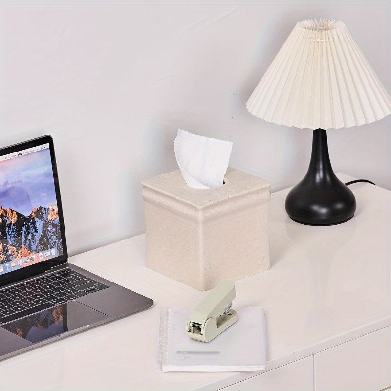 Beige Sand Stone Tissue Box Cover - Retro Square Design, Durable & Stylish for Bathroom, Bedroom, Nightstand, Vanity, Desk, or Office Decor, Bathroom Decor And Accessories, Bedroom Accessory, Minimalist Design, Textured Surface