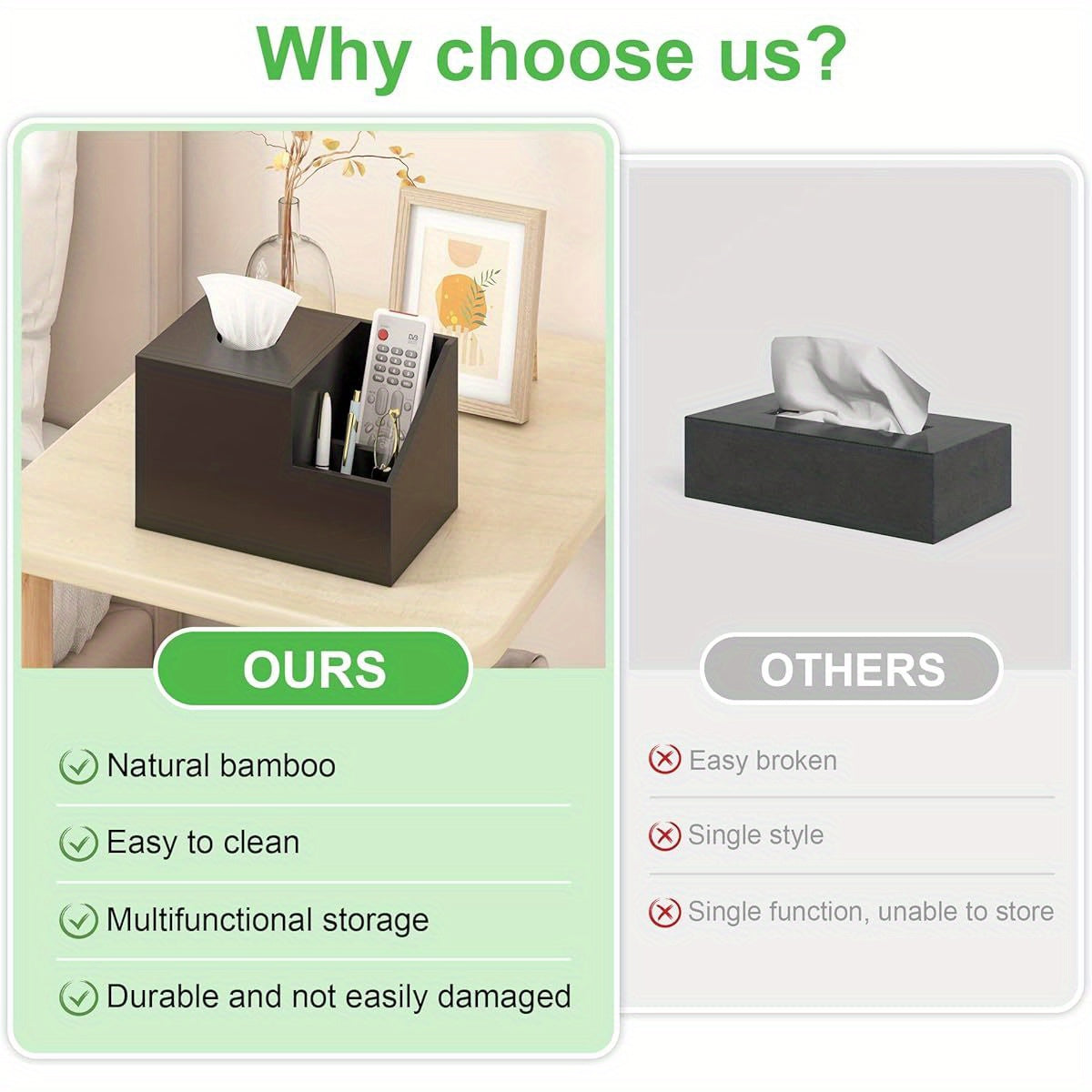 Tissue Box Cover Holder- Bamboo Square Multifunction Nightstand Organizer Tissue Storage Box for Bedroom, Bathroom, Office; Compartments Hold iPad Phones Remote Controls ( Black)