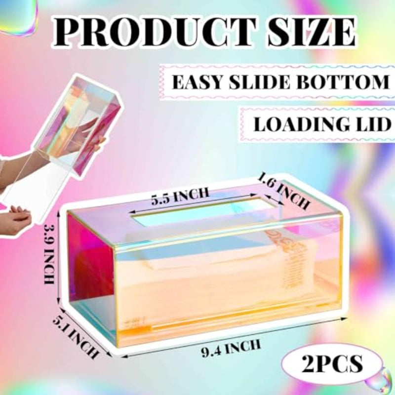 2pcs Iridescent Tissue Box Dispenser - Clear Modern Cube Organizer with Iridescent Rainbow Colors (Pink/Purple/Blue/Purple/Orange/Pink), Large Capacity Tissue Holder for Bathroom, Living Room, Office, Vanity - Space-Saving Countertop Organizer, Decorative