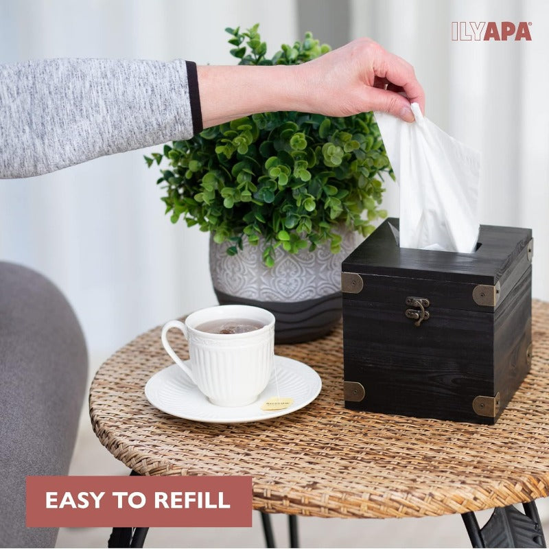 5 x 6 Rustic Tissue Box Holder Hinged Lid Tissue Dispenser for Bathroom Living Room Bedroom Black Weathered Wood