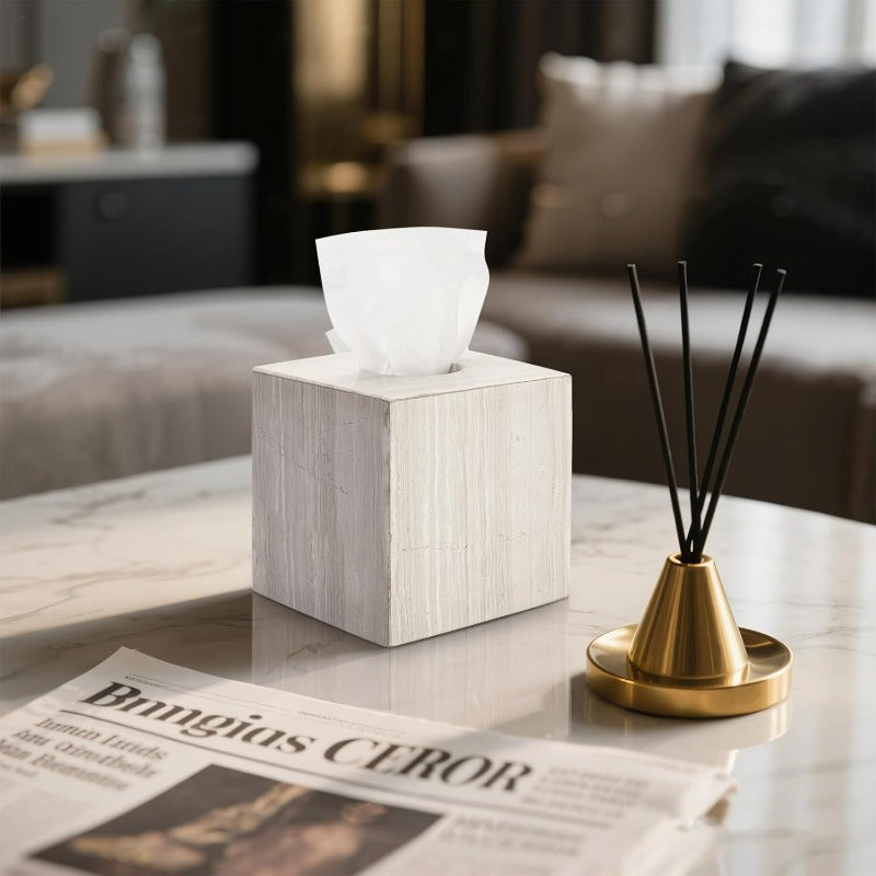 Natural Travertine Marble Tissue Box Holder - Square Cube Design with Open Bottom Access, Beige & Grey Marble Pattern, Anti-Slip Base & Polished Finish, Fits Bathroom Vanity, Bedroom Dresser, Kitchen Countertop - Luxury Storage Organizer for Tissues