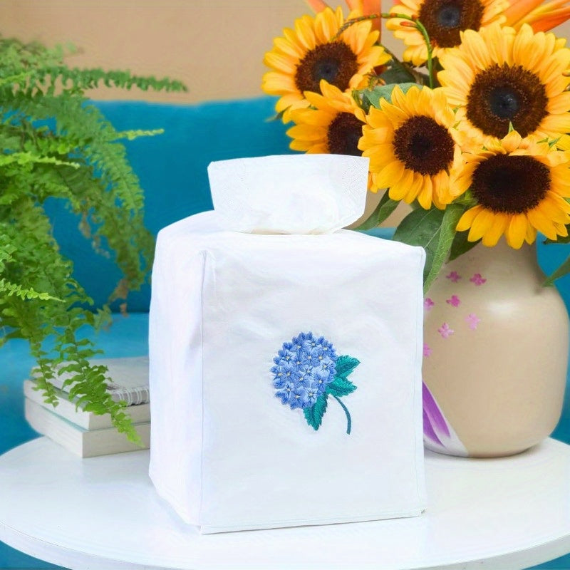 Fabric Tissue Box Cover Set of 2 Vintage Floral Embroidery Hydrangea Tissue Holder Bouquet Wrapping Bag Car Tissue Holder Tissues Box Cover Square 5.9 X 5.9 X 7 White Square Tissue Box Cover