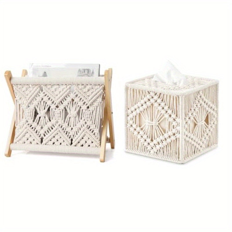 Boho Chic Macrame Magazine Rack and Tissue Box Set - Ivory, Round Shape, Perfect for Bathroom, Bedroom, Dresser, Living Room, Office, Dorm Decor, Bathroom Decor|Boho Chic Style|Woven Texture, Bathroom Decorations