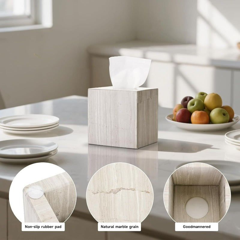 Natural Travertine Marble Tissue Box Holder - Square Cube Design with Open Bottom Access, Beige & Grey Marble Pattern, Anti-Slip Base & Polished Finish, Fits Bathroom Vanity, Bedroom Dresser, Kitchen Countertop - Luxury Storage Organizer for Tissues