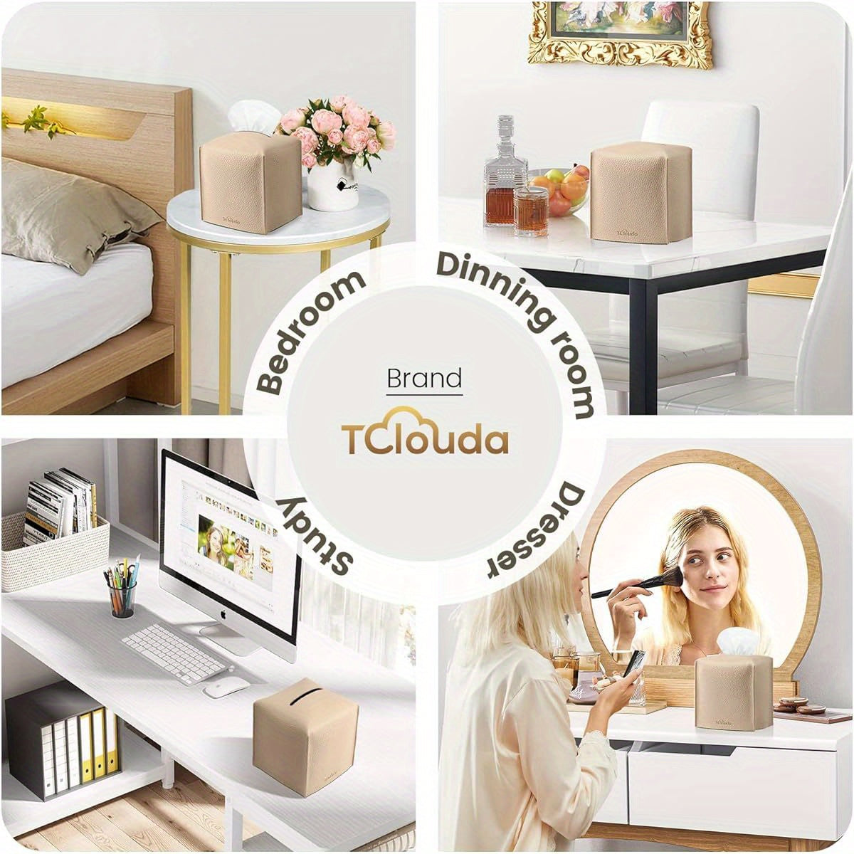 2-Pack Modern PU Leather Tissue Box Holder with High Quality & Dustproof Design - Beige Square Storage Cover with Golden-Tone Hardware, Foldable & Easy-Clean for Bathroom, Office, Car, Nightstand, Outdoor - Fits 5x5x5 Boxes, Decorative Organizer