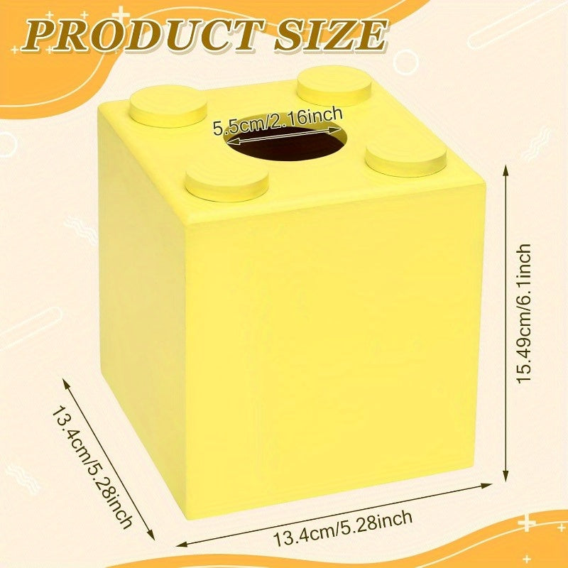 Wood Tissue Box Cover Tissue Box Cover Square Building Blocks Tissue Box Holder with SlideOut Bottom Cute Home Decor for Bathroom Living Room Office Kitchen Yellow Small