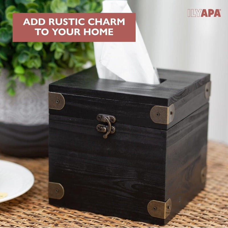 5 x 6 Rustic Tissue Box Holder Hinged Lid Tissue Dispenser for Bathroom Living Room Bedroom Black Weathered Wood