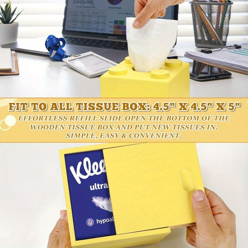 Wood Tissue Box Cover Tissue Box Cover Square Building Blocks Tissue Box Holder with SlideOut Bottom Cute Home Decor for Bathroom Living Room Office Kitchen Yellow Small