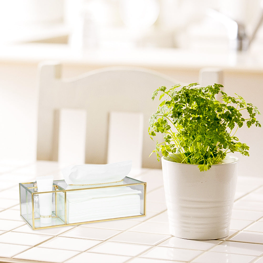 Glass Tissue Box with Brass Frame - Clear Rectangular Decorative Storage for Kitchen, Bathroom, Living Room & Office - Modern Elegant Napkin & Paper Holder with Open Access Design, Durable Glass Construction