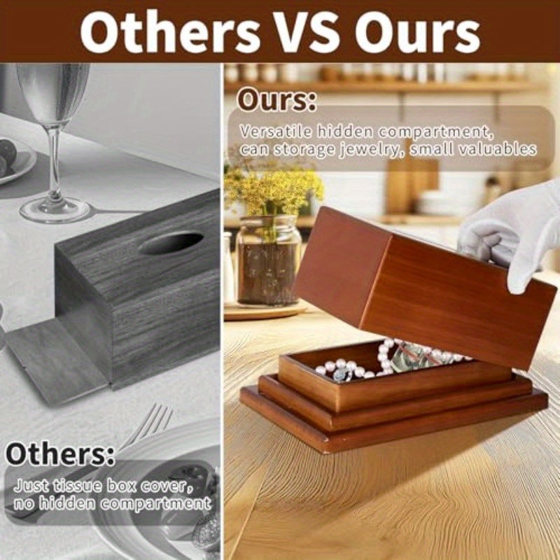 Wooden Tissue Box Cover with Hidden Compartment - Decorative Facial Cube Design, Multi-Functional Storage for Bathroom, Office, Nightstands - Elegant Wooden Tissue Holder with Secret Storage, Bathroom Organizers And Storage, Nightstand Organizer, Modern