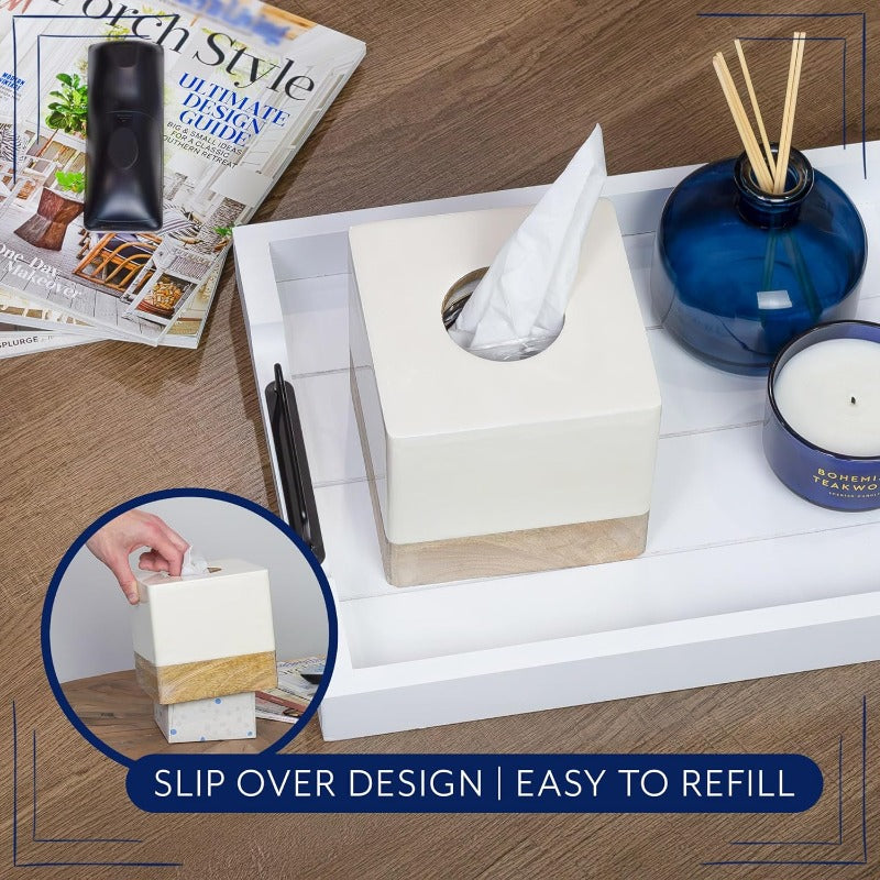 AuldHome Design Square Tissue Box Cover Enamel Mango Wood ; Minimalist Scandinavian Decor White Cube Tissue Holder