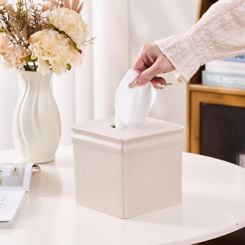 Beige Sand Stone Tissue Box Cover - Retro Square Design, Durable & Stylish for Bathroom, Bedroom, Nightstand, Vanity, Desk, or Office Decor, Bathroom Decor And Accessories, Bedroom Accessory, Minimalist Design, Textured Surface