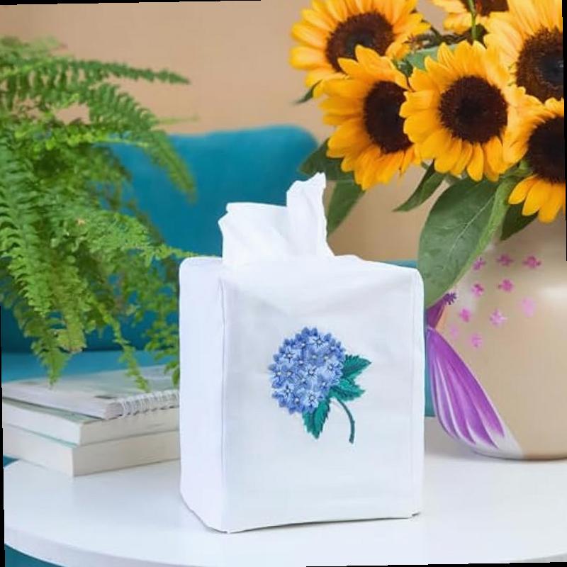Fabric Tissue Box Cover Set of 2 Vintage Floral Embroidery Hydrangea Tissue Holder Bouquet Wrapping Bag Car Tissue Holder Tissues Box Cover Square 4 5 X4 5 X5 5 White Square Tissue Box Cover