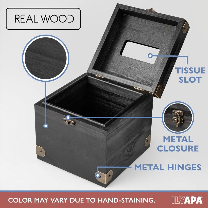 5 x 6 Rustic Tissue Box Holder Hinged Lid Tissue Dispenser for Bathroom Living Room Bedroom Black Weathered Wood