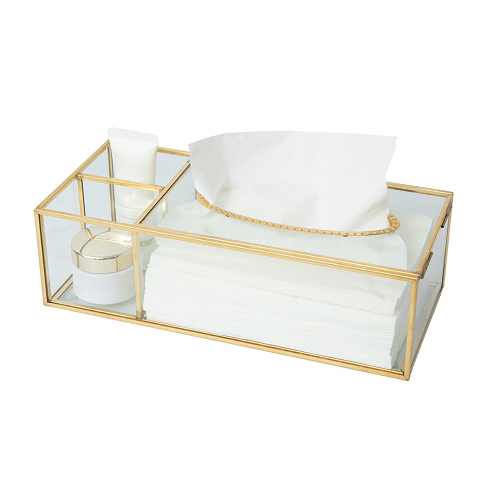 Glass Tissue Box with Brass Frame - Clear Rectangular Decorative Storage for Kitchen, Bathroom, Living Room & Office - Modern Elegant Napkin & Paper Holder with Open Access Design, Durable Glass Construction
