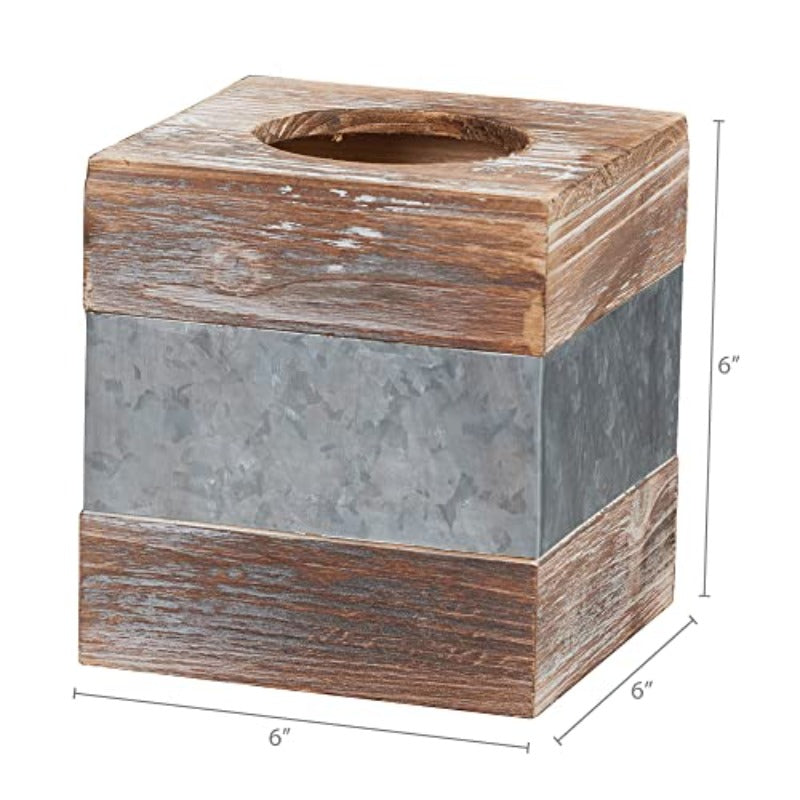 Rustic Metal & Distressed Wood Square Tissue Box Cover - Farmhouse Bathroom Decor with Antique White & Brown Finish, 6x6x6 Inch Decorative Holder for Tissues, Country Home Décor, Sturdy Metal Frame & Wood Panel Design, Space-Saving Tissue Dispenser for