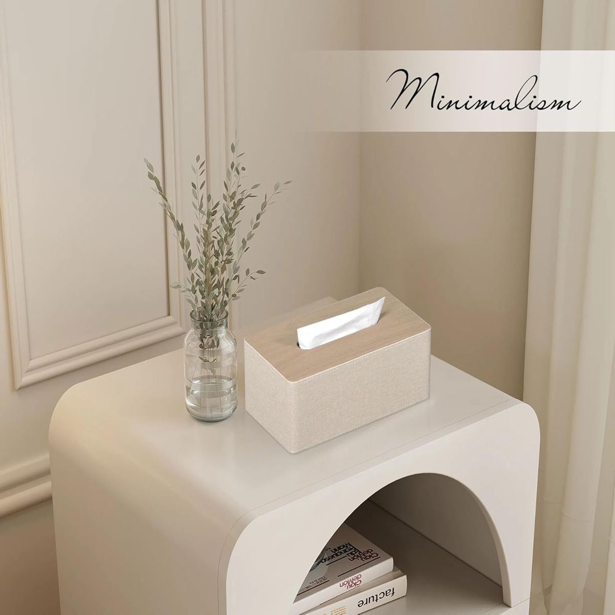 Modern Rectangular Tissue Box Cover with Magnetic Closure - Beige PU Leather Bathroom Organizer, High Quality Dustproof Storage Cabinet Holder for Dresser, Fits 9.8”L x 5.3”W x 4.3”H Tissues - Compatible with Costco//Napkins - Easy-Clean Surface &