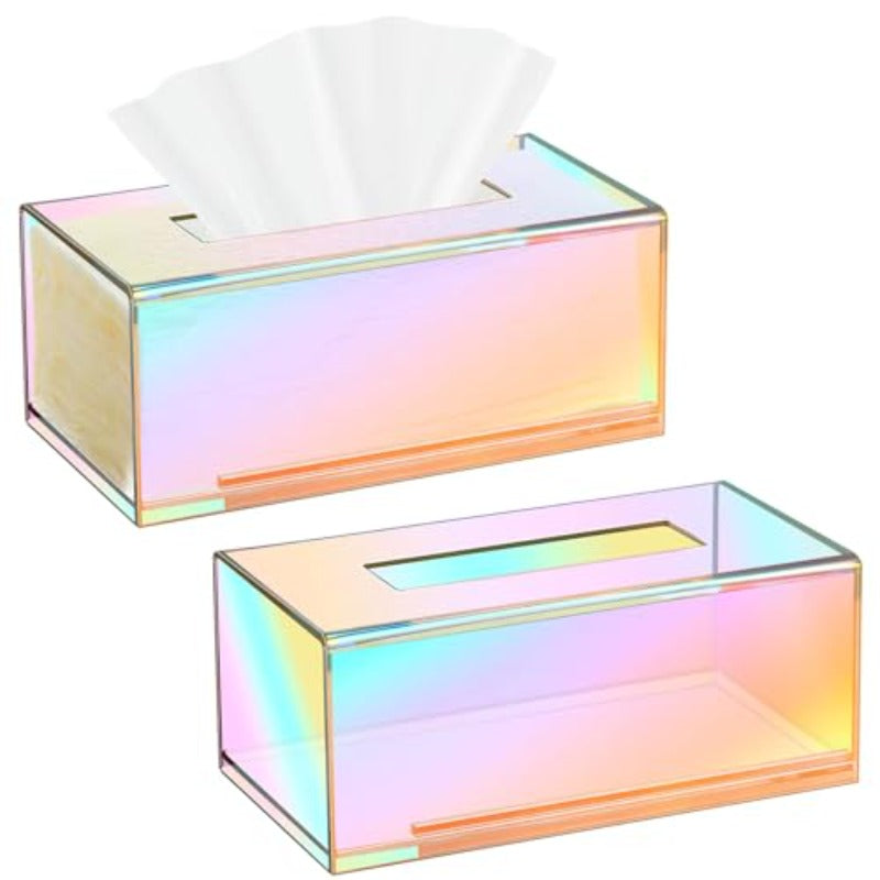 2pcs Iridescent Tissue Box Dispenser - Clear Modern Cube Organizer with Iridescent Rainbow Colors (Pink/Purple/Blue/Purple/Orange/Pink), Large Capacity Tissue Holder for Bathroom, Living Room, Office, Vanity - Space-Saving Countertop Organizer, Decorative
