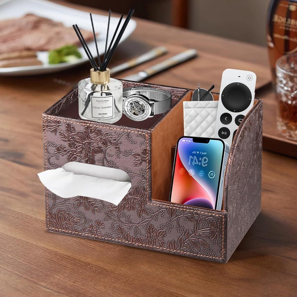 Modern Faux Leather Tissue Box Cover with Storage Tray – Stylish Facial Paper Organizer for Bathroom, Vanity, or Nightstand, Includes Remote Control Holder and Perfume Bottle, Bathroom Organizers And Storage