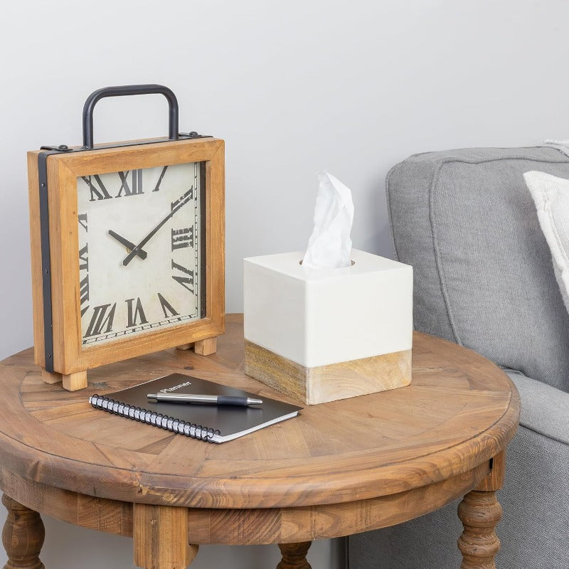 AuldHome Design Square Tissue Box Cover Enamel Mango Wood ; Minimalist Scandinavian Decor White Cube Tissue Holder