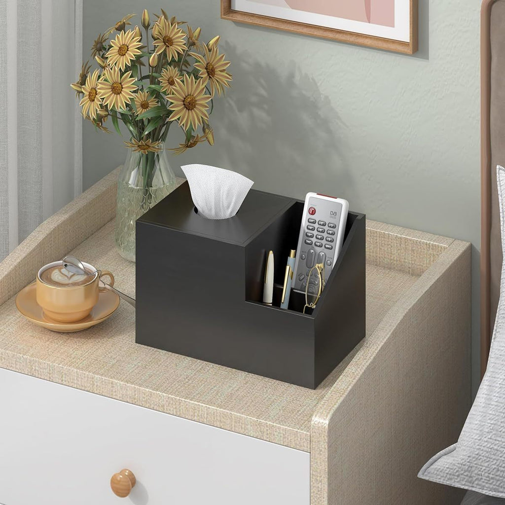 Tissue Box Cover Holder- Bamboo Square Multifunction Nightstand Organizer Tissue Storage Box for Bedroom, Bathroom, Office; Compartments Hold iPad Phones Remote Controls ( Black)
