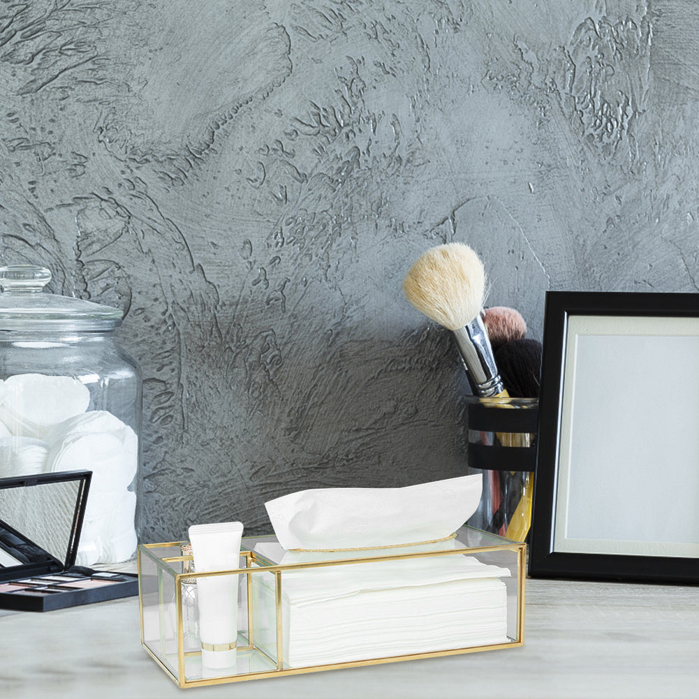 Glass Tissue Box with Brass Frame - Clear Rectangular Decorative Storage for Kitchen, Bathroom, Living Room & Office - Modern Elegant Napkin & Paper Holder with Open Access Design, Durable Glass Construction
