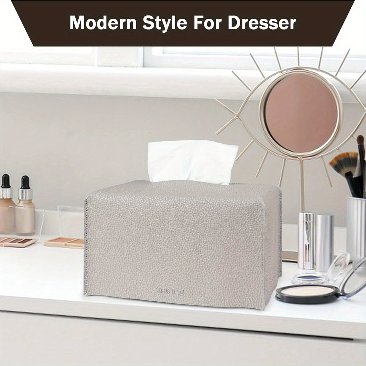 2pcs Recycled Wood Tissue Box Cover Holders with PU Leather Finish, Textured Embossed Design & Bottom Belt - Decorative Organizer for Bathroom, Car, Office, Tabletop - 9.5x5x5 Inch, Light Gray, Bathroom Organizers And Storage, Home Organization, Modern