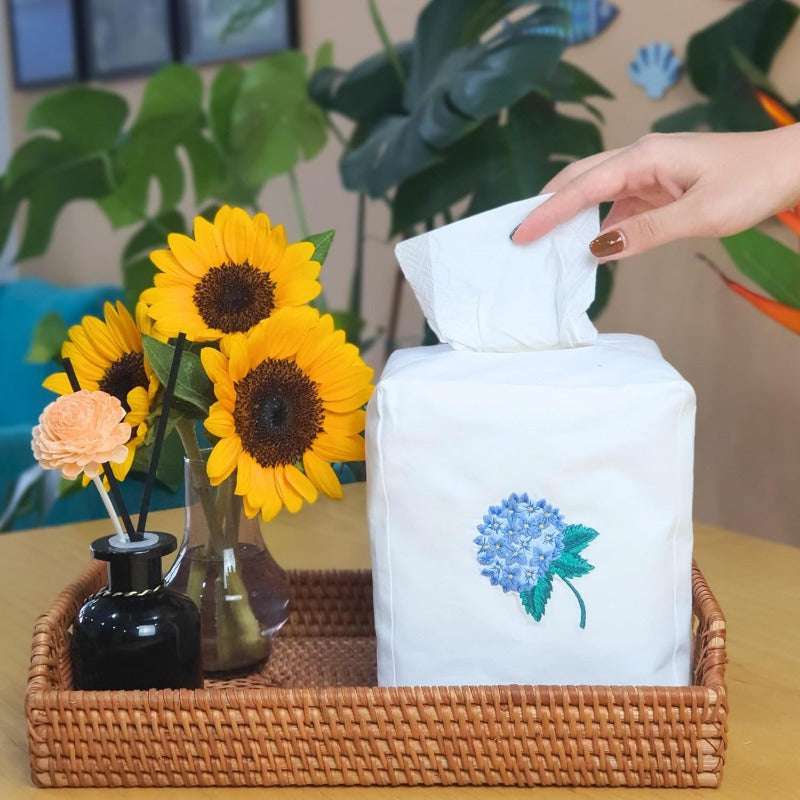 Fabric Tissue Box Cover Set of 2 Vintage Floral Embroidery Hydrangea Tissue Holder Bouquet Wrapping Bag Car Tissue Holder Tissues Box Cover Square 5.9 X 5.9 X 7 White Square Tissue Box Cover